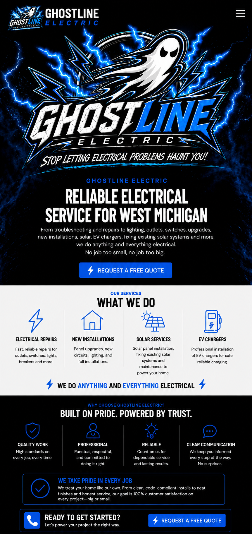 Ghostline Electric homepage showing services, pride in our work, and free quote information.